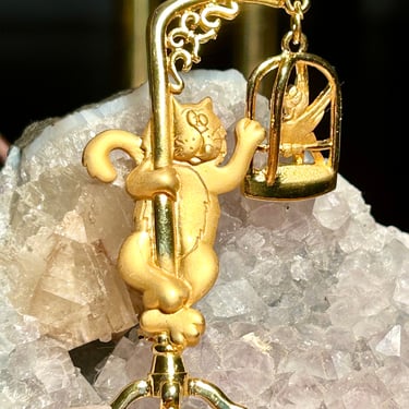 Vintage Cat Brooch JJ Jonette Jewelry Gold Tone Cats Cat with Birdcage Humor Retro 80s Gift 