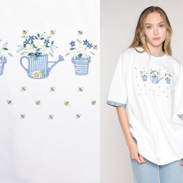 Gardening T-Shirt Y2K White Floral Shirt Blue Gingham Flower Bumblebee Watering Can Graphic Tee Retro Kawaii Cute Vintage 00s Extra Large xl 