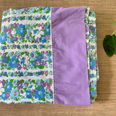 Vintage Blue and Purple Floral Stripe Flat Twin Sheet - Eyelet Trim - Cottage Style Bedding 