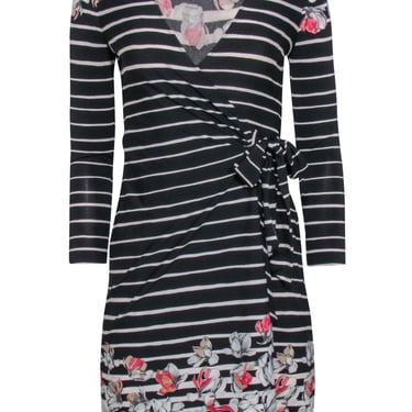 BCBG Max Azria - Black &amp; Cream Stripe Dress w/ Floral Print Sz XXS