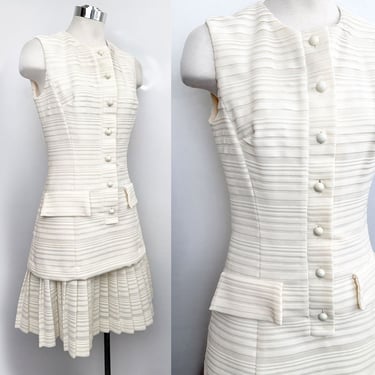 1960's Ivory Polyester Shift Dress Vintage Brady Bunch era 1970's Hippie Gogo style Baby doll White Dress Bridal 