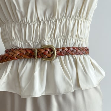 braided leather belt 90s vintage skinny brown woven leather belt 