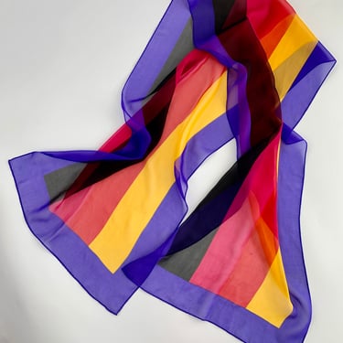 Vintage 80's Color Block Scarf - All Quality Silk Chiffon - ELLEN TRACY - Vivid Stripes of Primary Colors - X-Long - 14.75 x 58 inches 