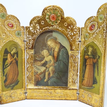 Antique Madonna of the Chair Print in Italian Tole Florentine Wood Triptych, Vintage Religious Gilt Shrine Icon Art, with Angels 