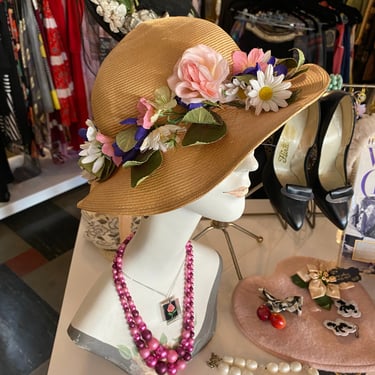 1960s summer hat, Adolfo Realites, wide brim straw hat, vintage 60s hat, designer millinery, floral hat, garden party, mrs maisel, flowers 