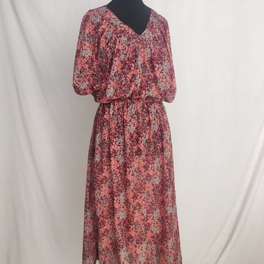 Vintage 70s/80s Floral V Neck Summer Sheer Dress // Belted Batwing Sleeves 
