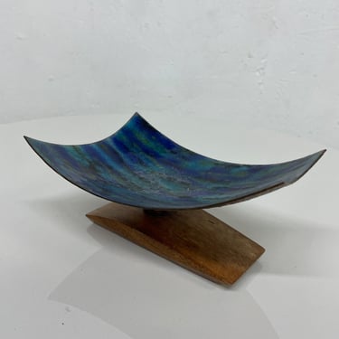 Modern Curved Lines Dreamy Blue Art Enamel Sculpture Koa Wood Base 1980s 