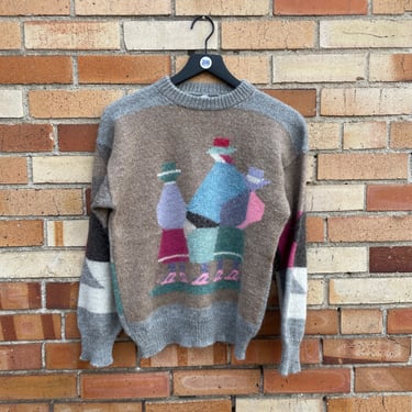 vintage 80s grey alpaca wool folk scene sweater / s m small medium 