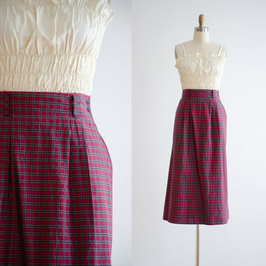 burgundy plaid skirt 90s vintage red green navy a line cotton midi skirt 