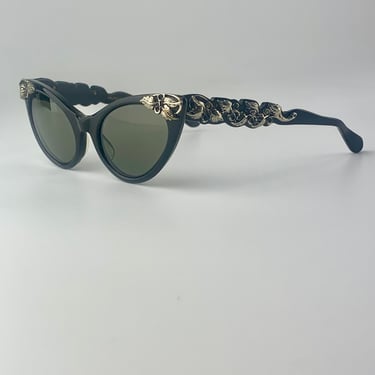 Rare - 1950'S Cat Eye Sunglasses -  HARLEQUIN Brand USA - 3 Dimensional Metal Leaves on Black Frames - New UV Glass Lenses 