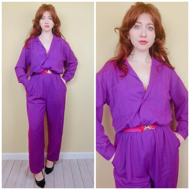 1980s Vintage Sunbelt Purple Rayon Jumpsuit / 80s Relaxed Fit Button Up Flight Suit / Size Large 