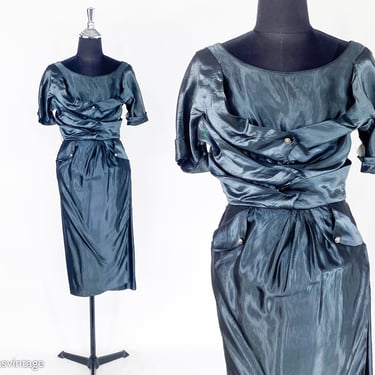 1950s Steel Blue Cocktail  Dress | 50s Blue Gray Evening Dress | Cadillac Original | Small 