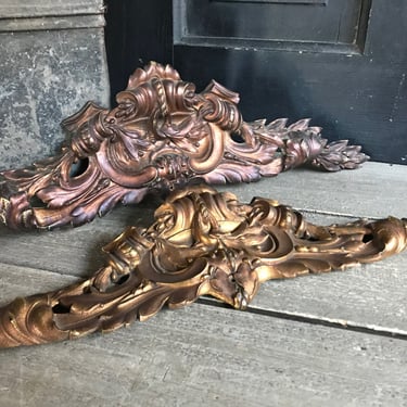 French Gilded Ormolu Pediment Mount, Garniture, Scroll Leaf Design, Wall Mount, Classic Chateau Decor, 2 Available, Sold by Each 