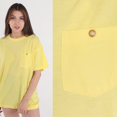 Yellow Pocket Tee 80s T-Shirt Basic T Shirt Retro Plain TShirt Solid Top Casual Simple Minimalist Basic Blouse Summer Vintage 1980s Medium M 
