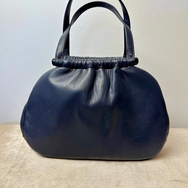 VTG 60’s Dofan purse Supple & Soft leather handbag ~ Navy blue double top handles~ LG rounded shape/Excellent original cond timeless style 