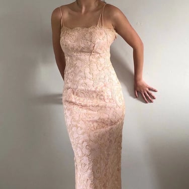 50s lace gown / vintage blush pink Chantilly lace long ballroom cocktail wedding guest dress | Small 