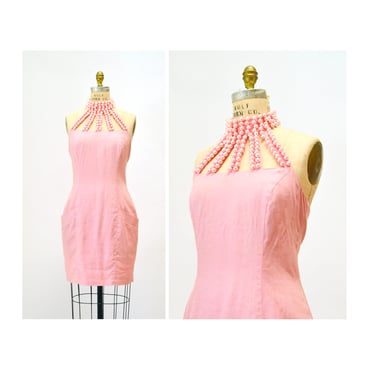 80s 90s Vintage Pink Beaded Cage Dress Halter neck Beaded Linen dress XS Small // 90s Pink Beaded Party Cocktail Dress Barbie Andrea Jovine 
