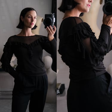 ANNE FONTAINE Black Sheer Off The Shoulder Illusion Blouse w/ Lettuce Ruffled Details & Peek-A-Boo Sleeves | Y2K 2000s Designer Top 