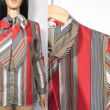 Vintage 70s Striped Pussy Bow Tie Collar Blouse Size L/XL 