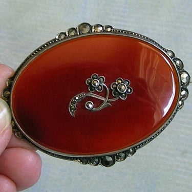 Antique 1920's Art Deco Sterling Marcasite Brooch Pin, Sterling Germany Pin, Sterling Carnelian and Marcasite Pin (#4444) 