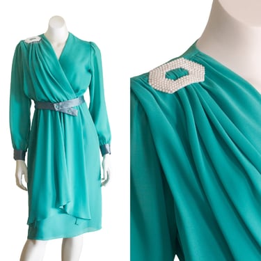 80s teal chiffon dress with satin belt and pearl embellishments 
