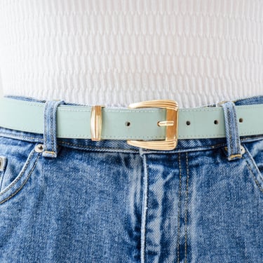 light blue belt | 70s 80s vintage pale pastel sky blue faux vegan leather skinny belt 