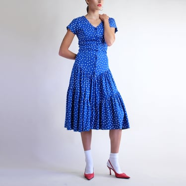 Ruffled Midi Dress, Blue Polka Dot Tiered A-Line Dress, Vintage Short Sleeve Fitted Drop Waist Romantic Mid Length Long Button Down Sundress 