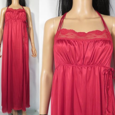 Vintage 70s Ruby Red Empire Waist Goddess Maxi Slip Dress Nightgown With Leg Slit Made In USA Size L 