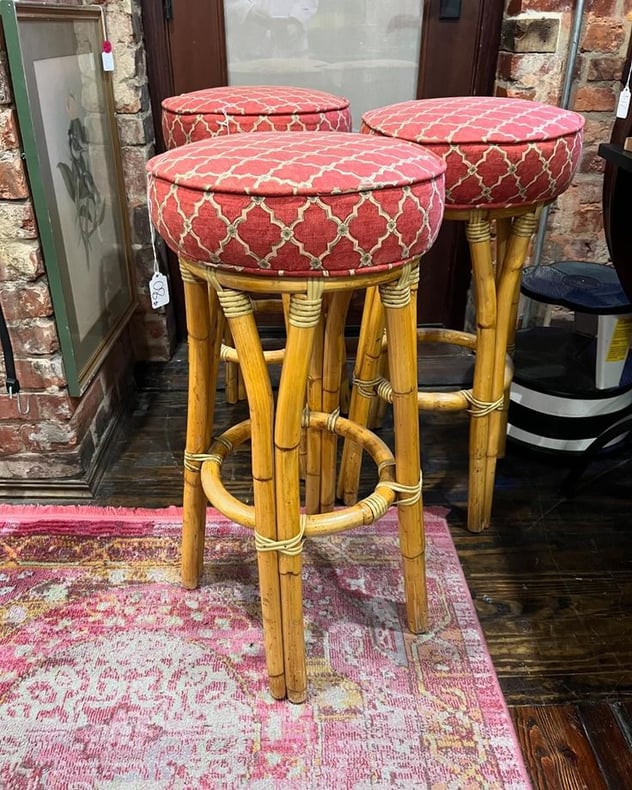 Bamboo stools, 3 available. 14.5” x 30.5” foot pegs at 12” 