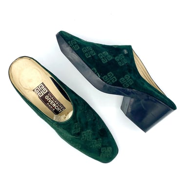 Vintage Givenchy Green Suede Mules, Embroidered Logo Slip-ons, Emerald Designer Wedgies with Black Rubber Platform Heels, Size 6 US, VFG 
