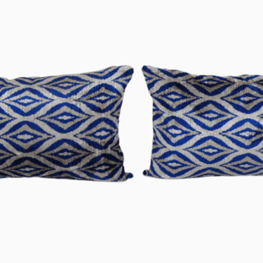 Set Silk Velvet Pillow Cover, Pair Blue Geometric Ikat | 15&quot; x 24&quot;
