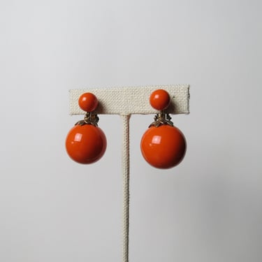 Vintage 1960s mod earrings, dangle, drop, orange, clip-on, mid century 