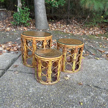 set of 3 vintage bamboo and rattan tables with cane tops 