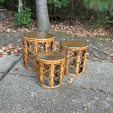 set of 3 vintage bamboo and rattan tables with cane tops 