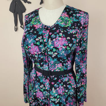 Vintage 1980's Floral Dress / 80s Drop Waist Rayon Dress L 