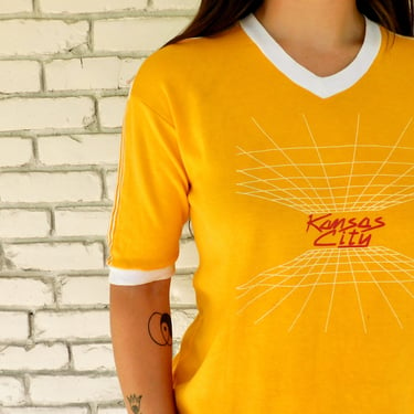 Kansas City Shirt // vintage 70s 80s cotton boho tee t-shirt t top blouse thin hippy tee yellow ringer jersey // S/M 