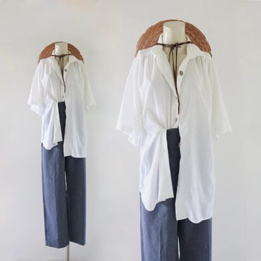 oversized blanco top - vintage 90s y2k white womens button short sleeve blouse shirt minimal 