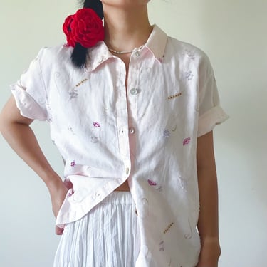 vintage linen shirt pink blush cotton floral beaded button down minimalist vacation 90s retro style short sleeve size M 