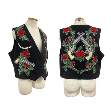 Vtg Vintage 1980s 80s Custom Guns Roses Rhinestone Studded Outlaw Cowboy Vest 