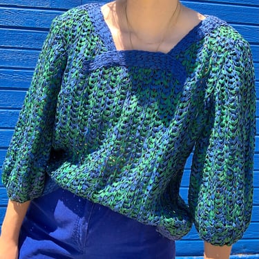 1960's Blue and Green Crochet Ribbon Top