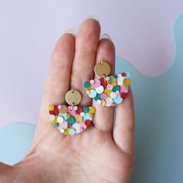 Rainbow Confetti Halfmoon Earrings - Reclaimed Leather Statement earrings with Brass Circles and Gold Hooks 