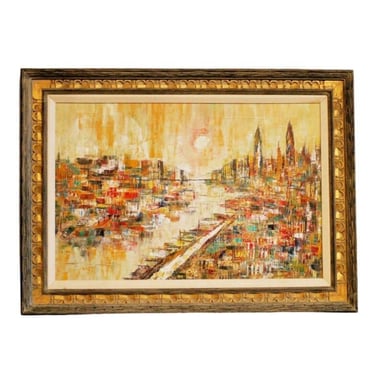 Mid-Century Modern Oil on Canvas Cityscape by M. Dick 