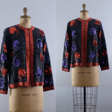 60s B. Altman Sequin Jacket – Black Wool with Red & Purple Beading – Made in Hong Kong – Medium – Glam Holiday Party Style 