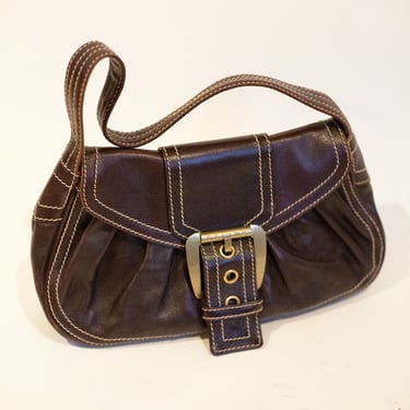 Vintage CÉLINE Brown Leather Baguette with Oversized Logo Buckle Engraved Contrast Stitch Minimal Shoulder Bag Y2K Pleated Boogie 
