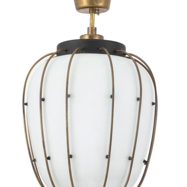 Mid-Century Modern Brass &amp; Frosted Glass Pendant