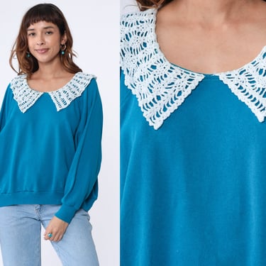 Crochet Collar Sweatshirt Plain Shirt 80s 90s Blue Sweatshirt Raglan Sleeve Vintage Plain DIY Granny Collared 1980s Extra Large xl 2xl 