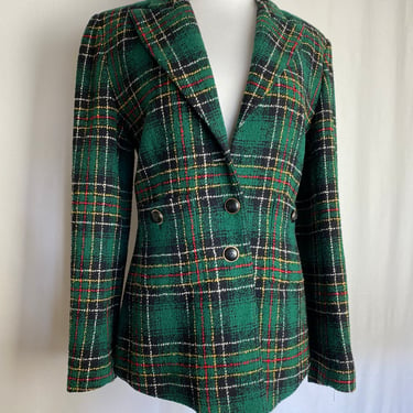 Vintage wool plaid blazer~Dark green black & yellow Nubby textured semi fitted/ tailored jewel tones 1990’s women’s suit jacket 