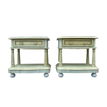 Vintage French Country Nightstands Pair FREE SHIPPING - Set of 2 Blue Green Provincial End Tables by Stanley Furniture 