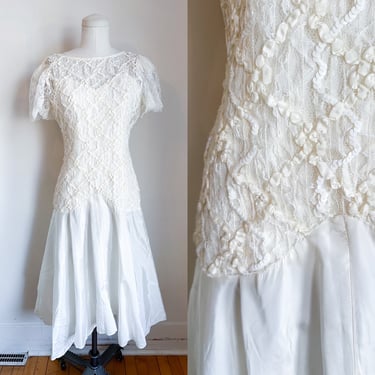 Vintage 1980s White Sequin Drop Waist Cocktail Dress / S/M 