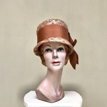 Vintage 1960s Beige Straw Bucket Hat with Giant Brown Ribbon Band by Leslie James, Mid-Century MOD Style, Size 21 1/2", VFG 